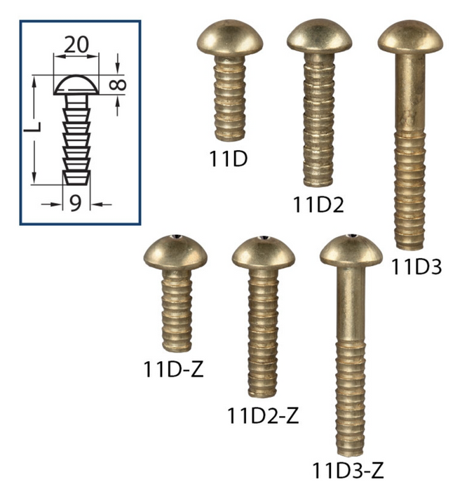 Brass bolt, head Ø 20 mm, length 70 mm, with centering Ø 3 x 3 mm