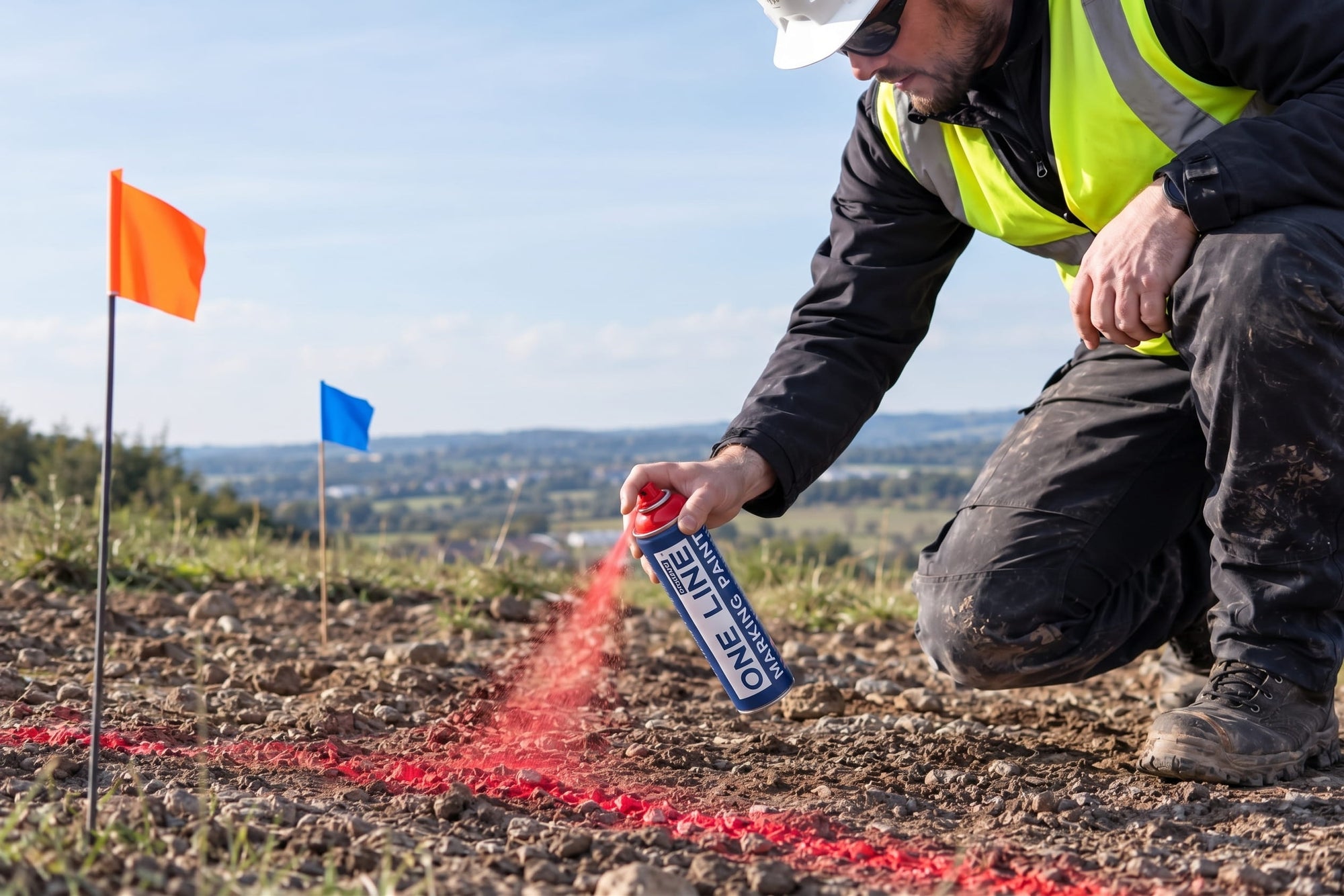 A worker in a high-visibility safety vest kneels outdoors on a dirt field, spraying red boundary tape to mark a line, with orange and blue flags in the background under a blue sky.