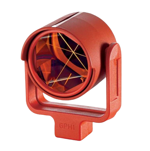 An orange-red cylindrical optical component or lens housing with a mounting bracket, featuring a clear lens with internal gold reflective elements, on a plain white background.