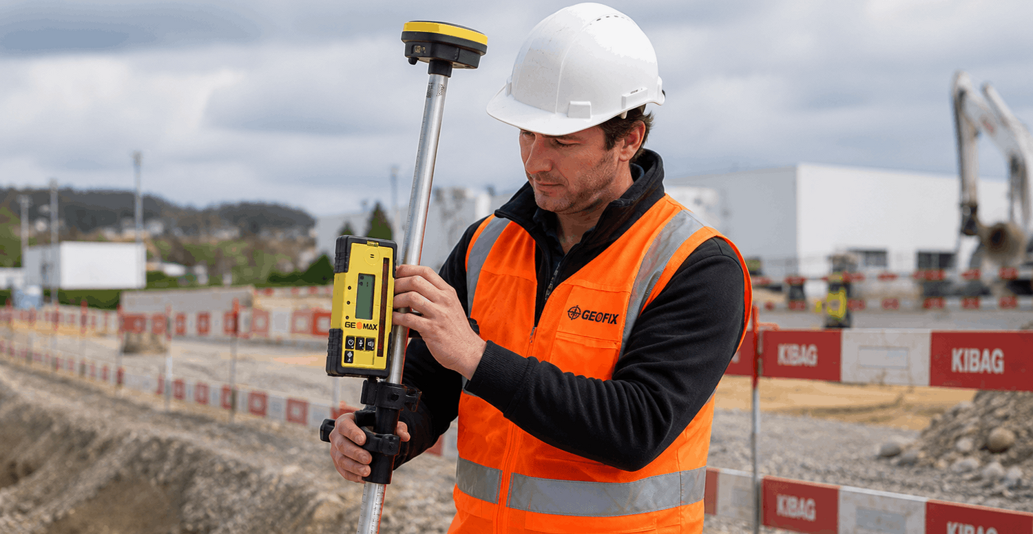 A surveyor wearing a white hard hat and an orange safety vest uses a GPS total station device on a construction site. The KUBAG brand is visible on the safety vest.
