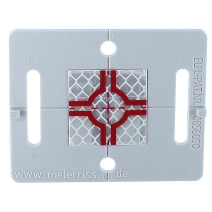 A square grey plastic target plate with a central red crosshair design, featuring four mounting holes.