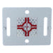 A square grey plastic target plate with a central red crosshair design, featuring four mounting holes.