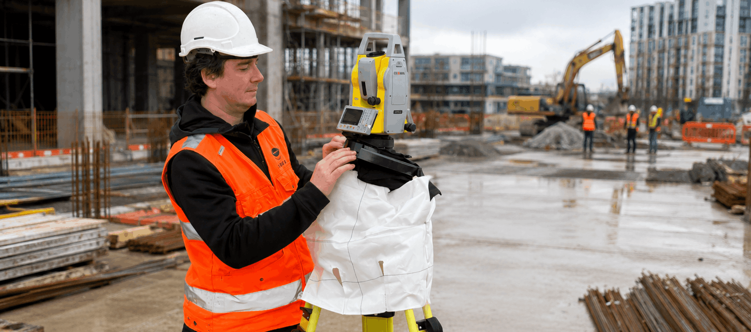 A surveyor wearing a white hard hat and orange safety vest operates a yellow total station surveying instrument on a tripod at a construction site.