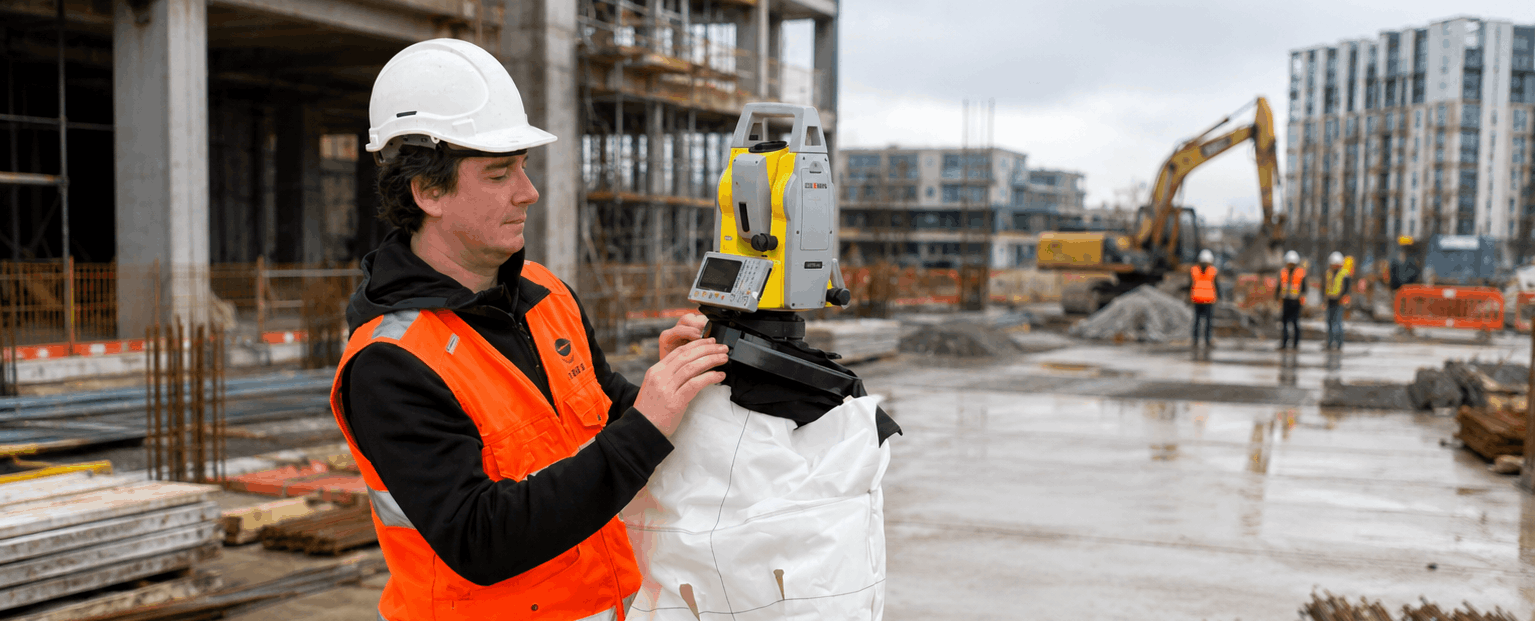 A surveyor wearing a white hard hat and orange safety vest operates a yellow total station surveying instrument on a tripod at a construction site.