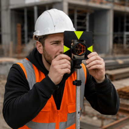 A construction worker wearing a white hard hat and orange safety vest uses a laser level tool on a construction site with steel beams and a building structure in the background.